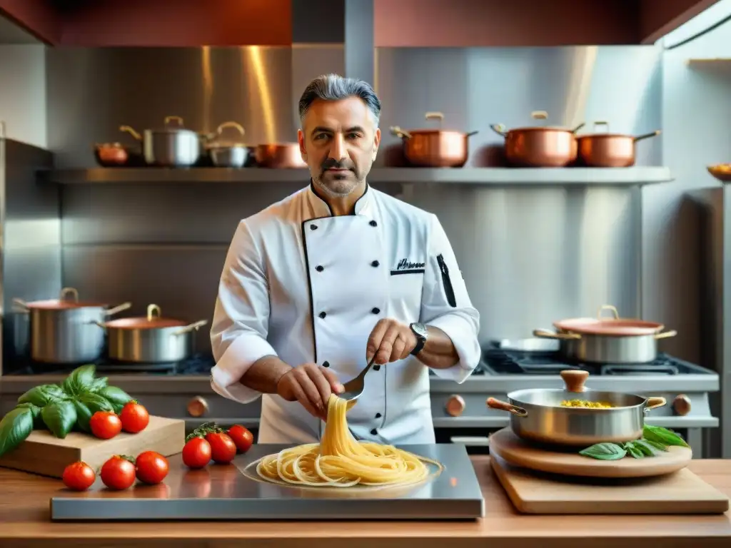 Chef italiano innovador en cocina tradicional, creando plato clásico con tomates y albahaca