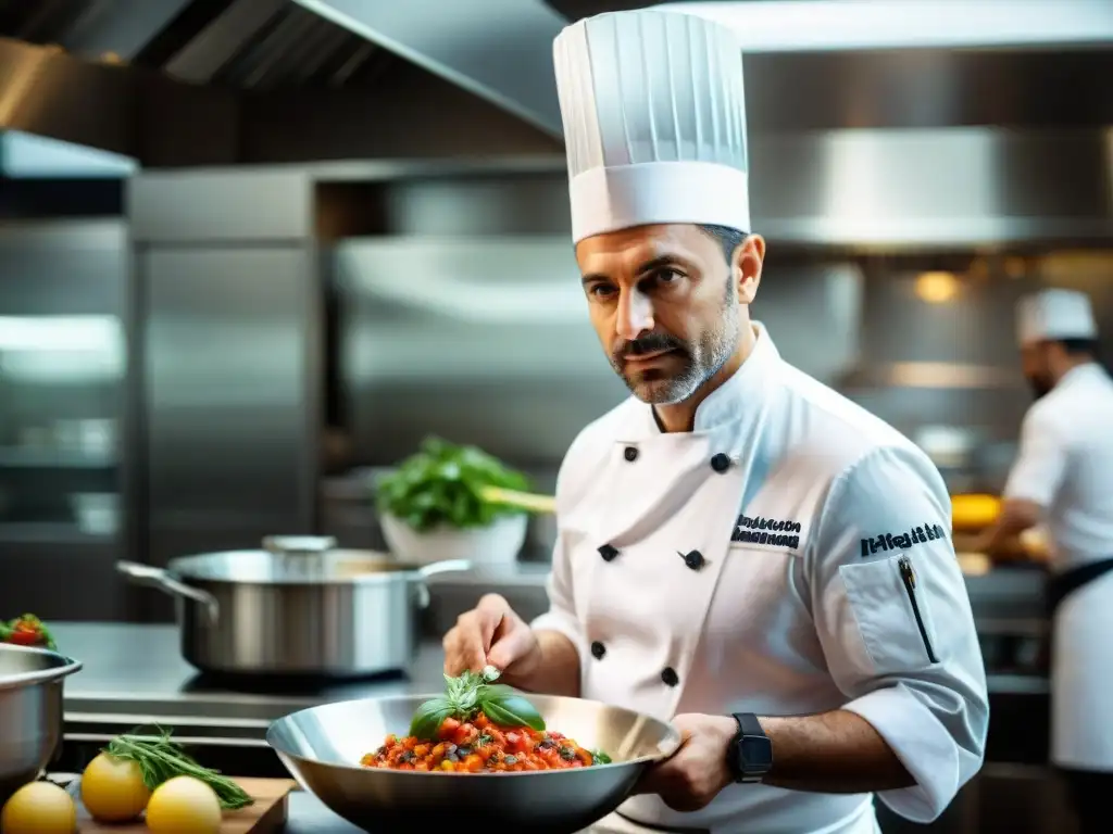 Un chef italiano innovador refleja la filosofía cocineros italianos innovadores mientras prepara un plato espectacular en una cocina bulliciosa