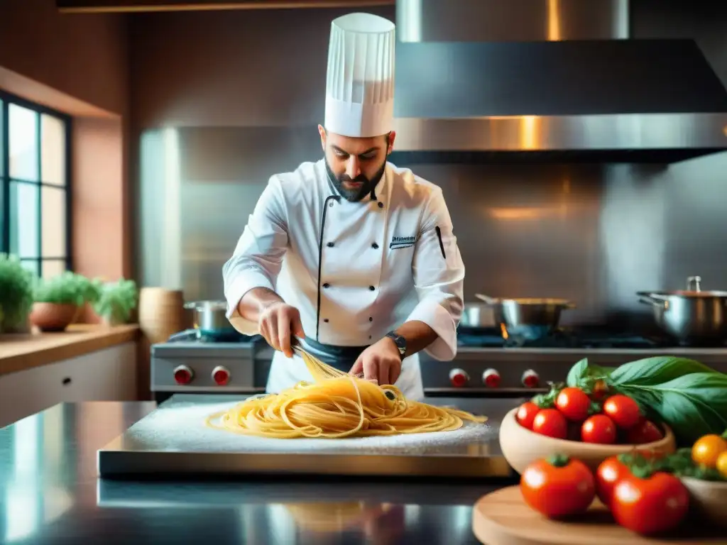 Un chef italiano innovador crea pasta fresca con ingredientes coloridos en una cocina bulliciosa