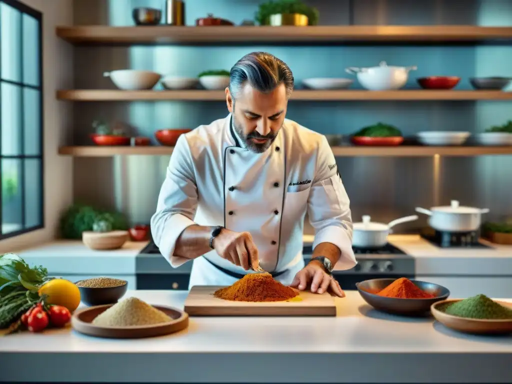 Un chef italiano innovador prepara plato único en cocina minimalista