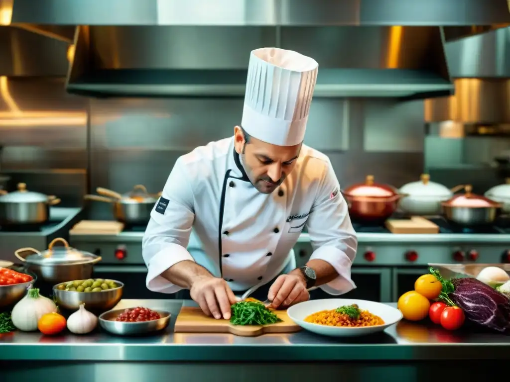 Un chef italiano innovador reconocido elaborando una obra culinaria visualmente impactante