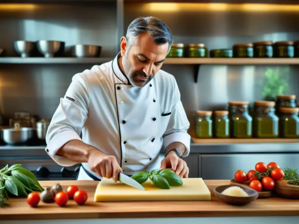 Un chef italiano innovador reconocido elabora un plato con precisión artística en una cocina moderna llena de ingredientes tradicionales italianos