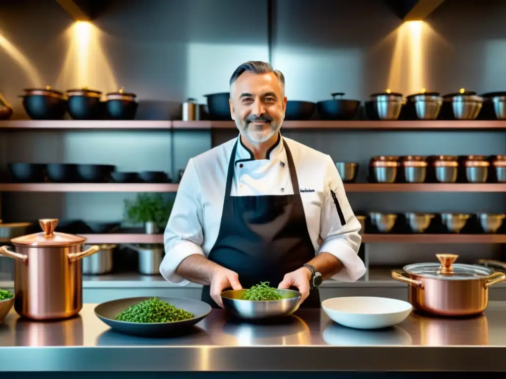 Un chef italiano innovador reconocido, creando platos innovadores en una cocina moderna llena de ingredientes italianos