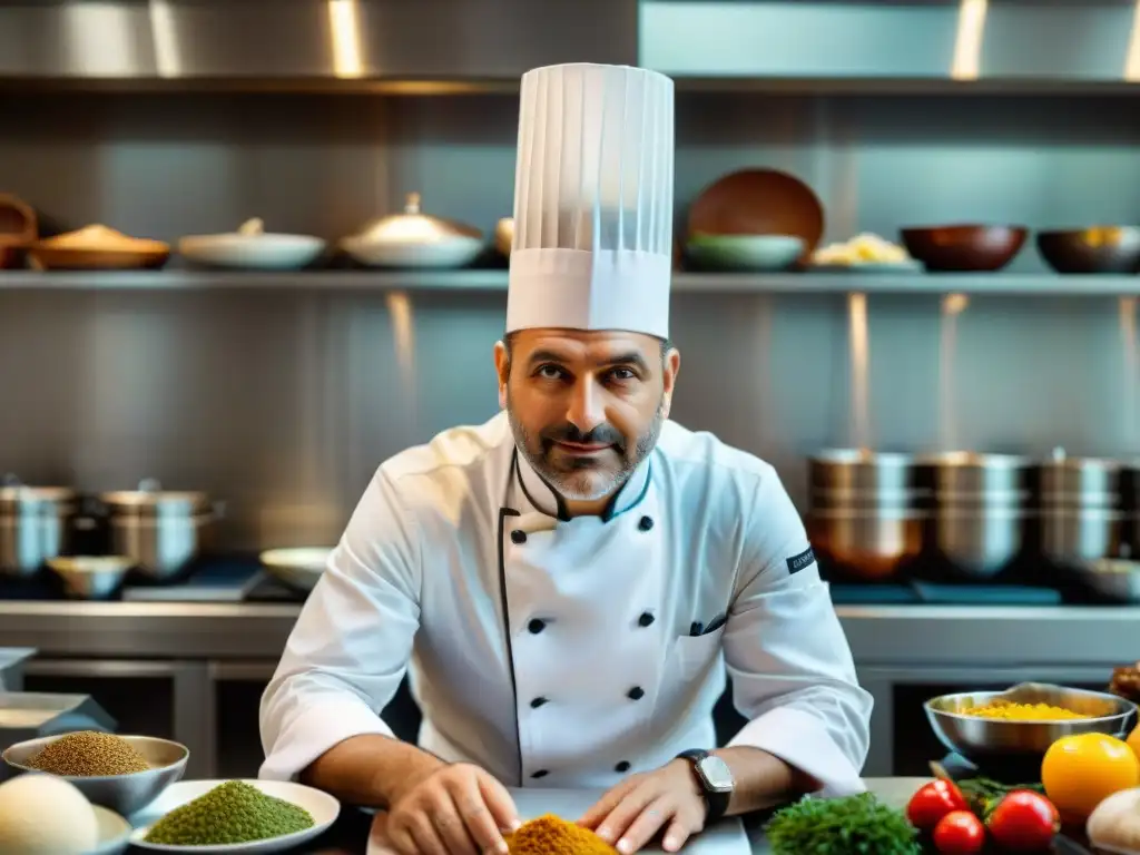 Un chef italiano innovador y reconocido creando una obra culinaria única en una cocina moderna