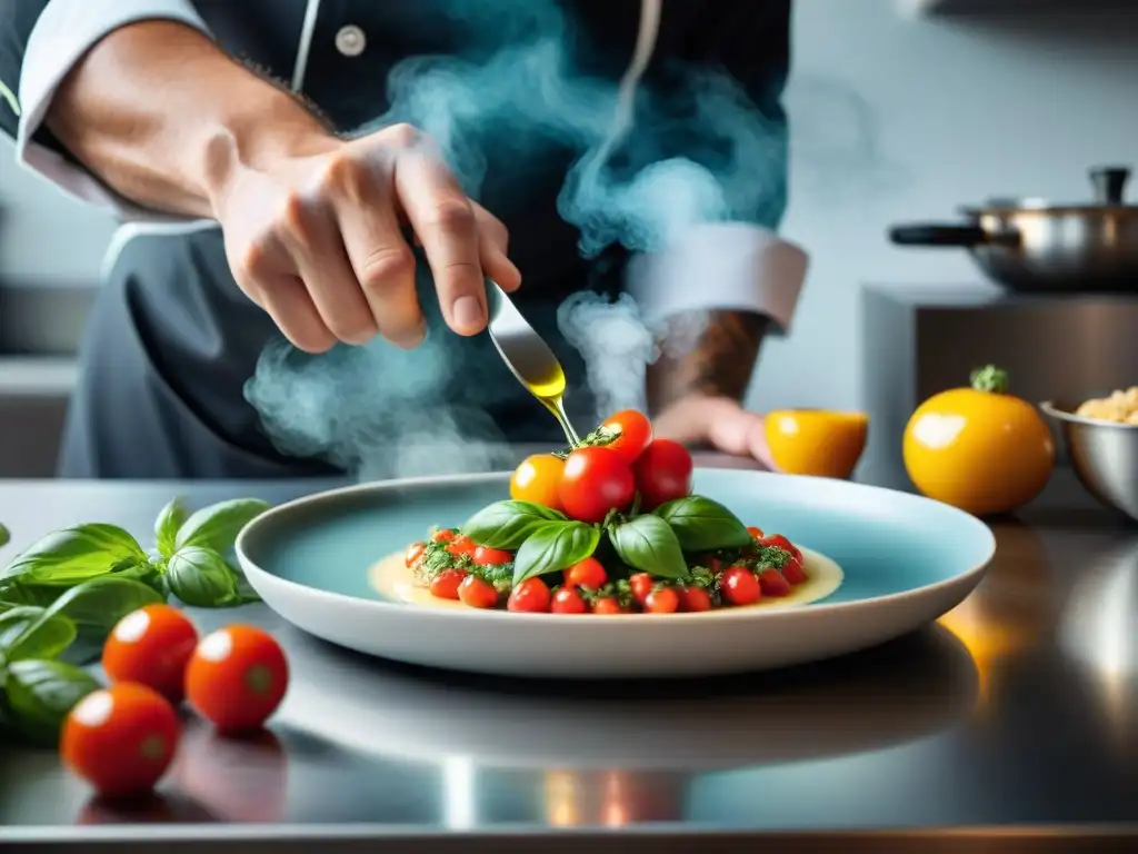 Chef italiano innovador reconocido creando un plato vanguardista con ingredientes tradicionales en una cocina moderna