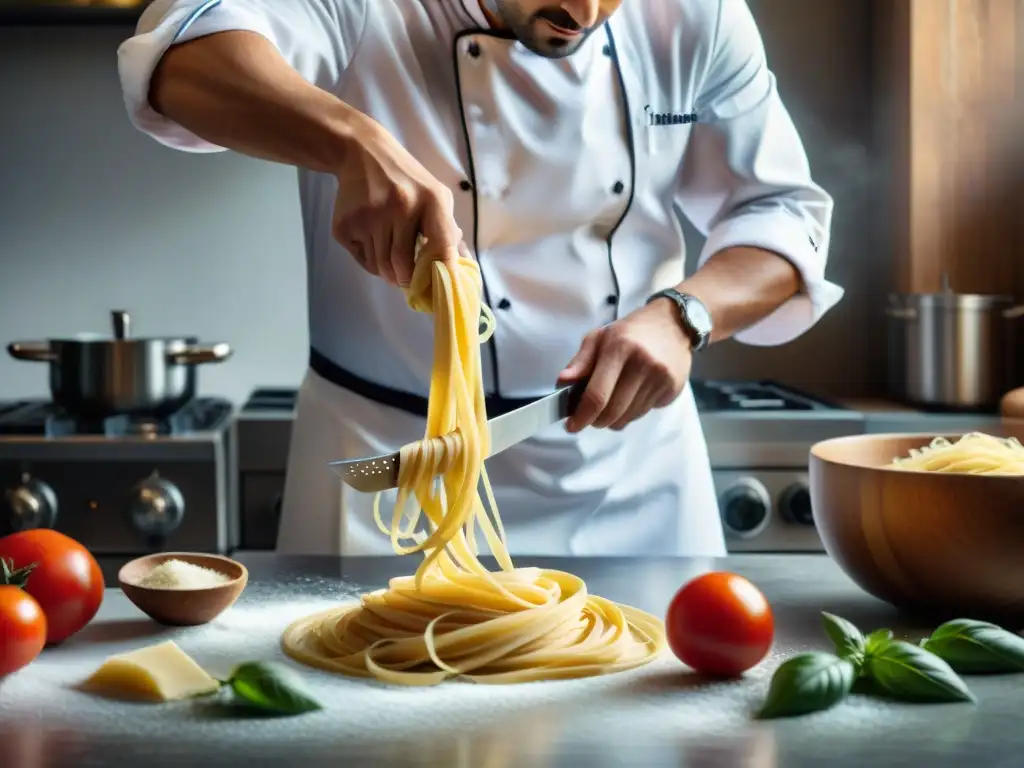 Un chef italiano innovador y tradicional mezcla pasta fresca con ingredientes vibrantes en una cocina soleada