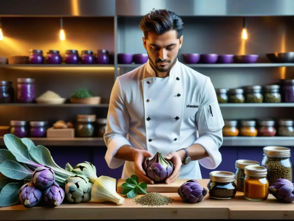 Un chef italiano joven en una bulliciosa cocina con ingredientes olvidados de la cocina italiana