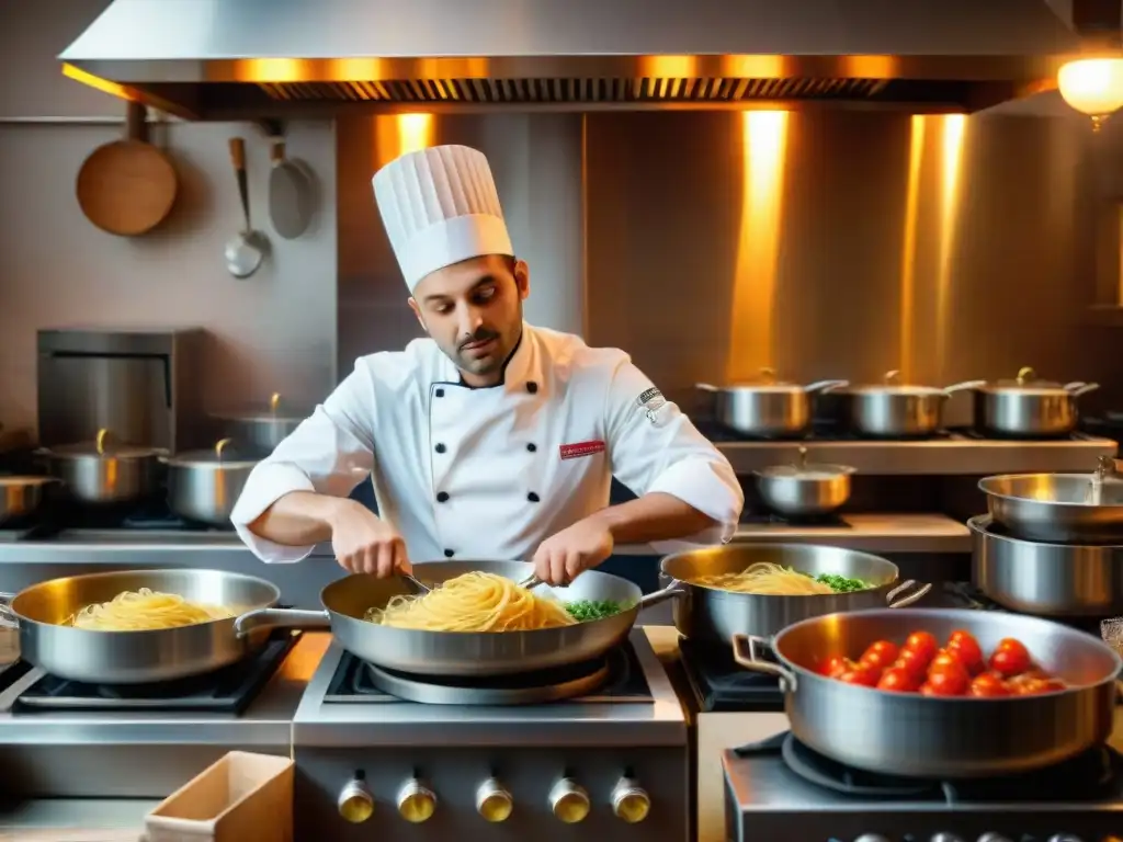 Un chef italiano joven elaborando pasta fresca en una trattoria, reflejando la evolución de la cocina italiana bajo chefs jóvenes innovadores