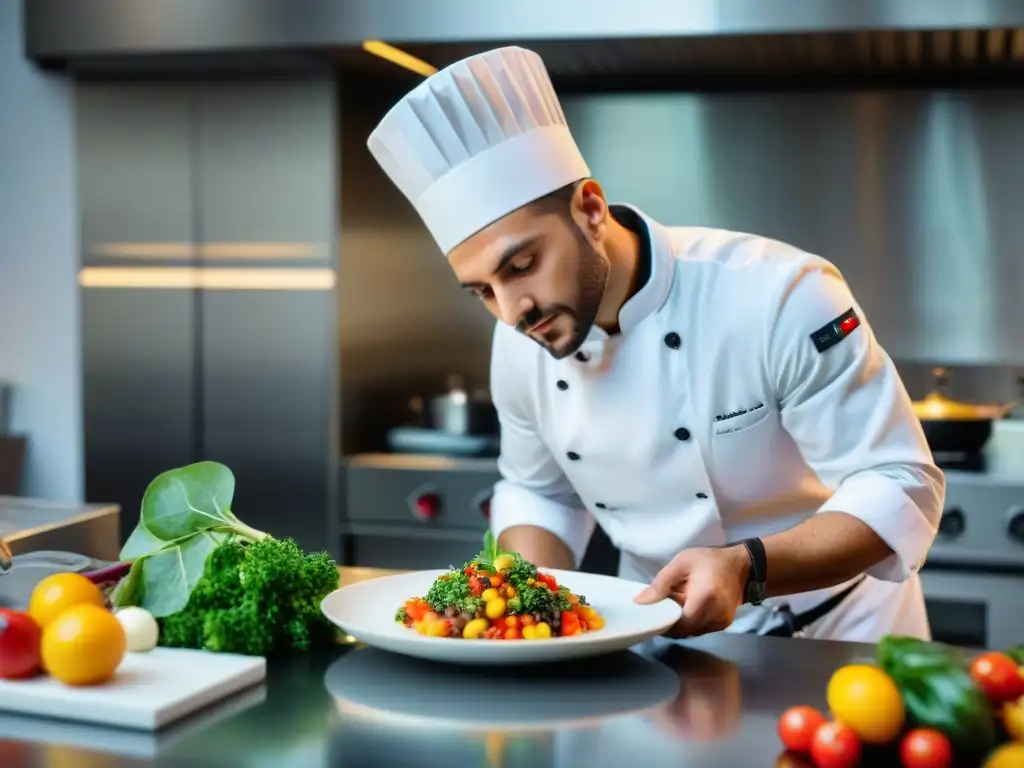 Un chef italiano joven plantea platos innovadores con detalle en una cocina moderna