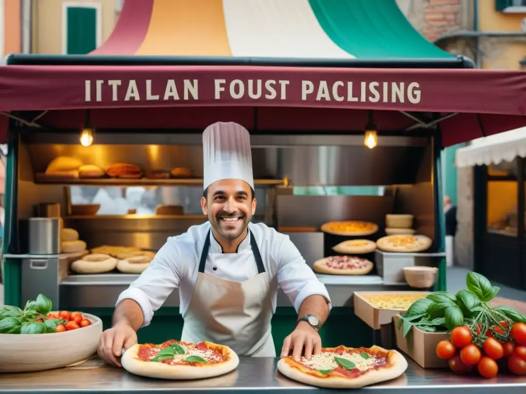 Un chef italiano jovial lanza masa de pizza en un bullicioso food truck en una plaza empedrada