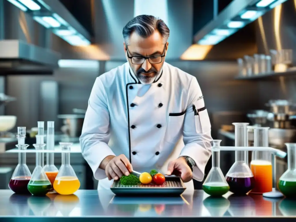 Chef italiano en laboratorio de cocina, realizando experimentos gastronómicos con técnica molecular