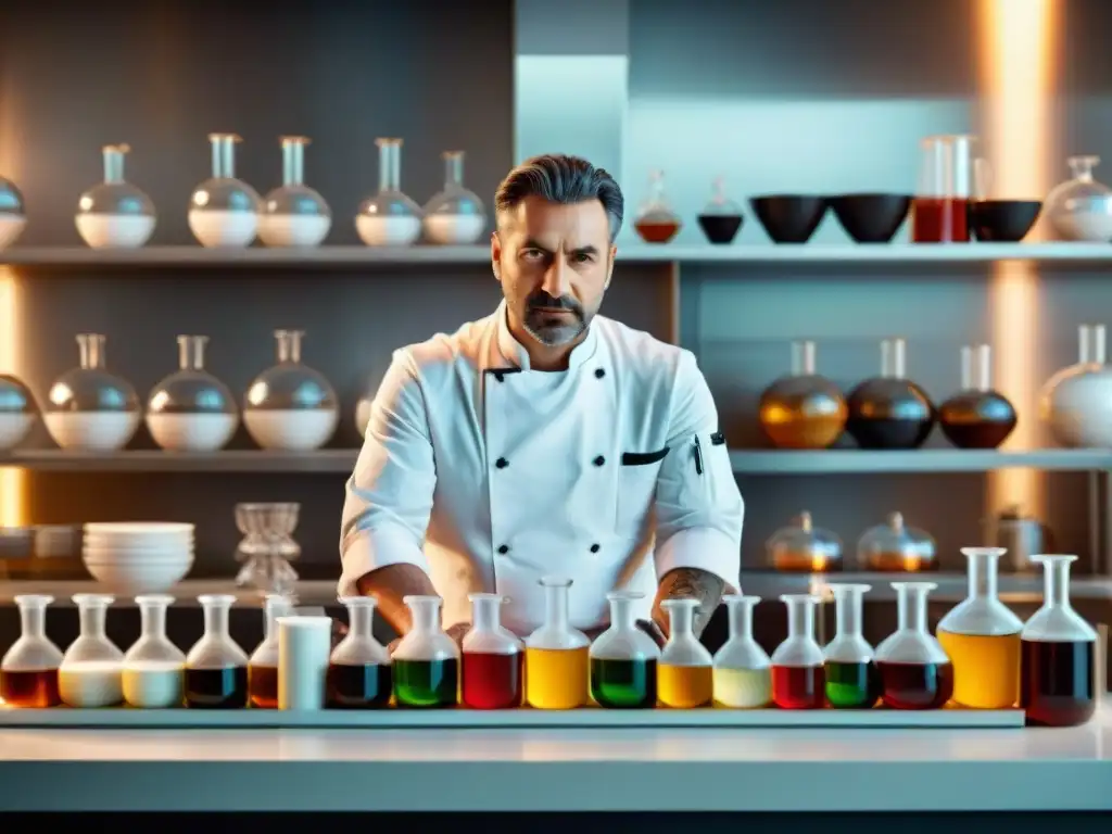 Un chef italiano en un laboratorio de cocina moderno realizando experimentos gastronómicos de chefs italianos