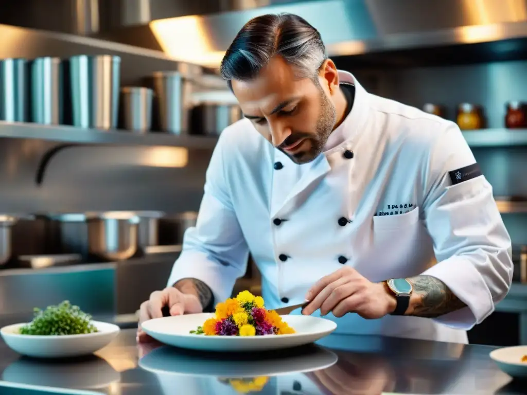 Chef italiano en laboratorio de cocina moderno, creando plato con flores comestibles