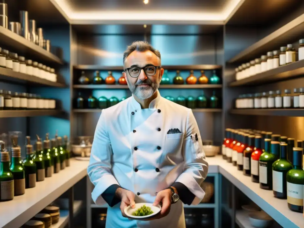 Chef italiano Massimo Bottura en su laboratorio culinario rodeado de ingredientes raros y utensilios antiguos, platos creativos