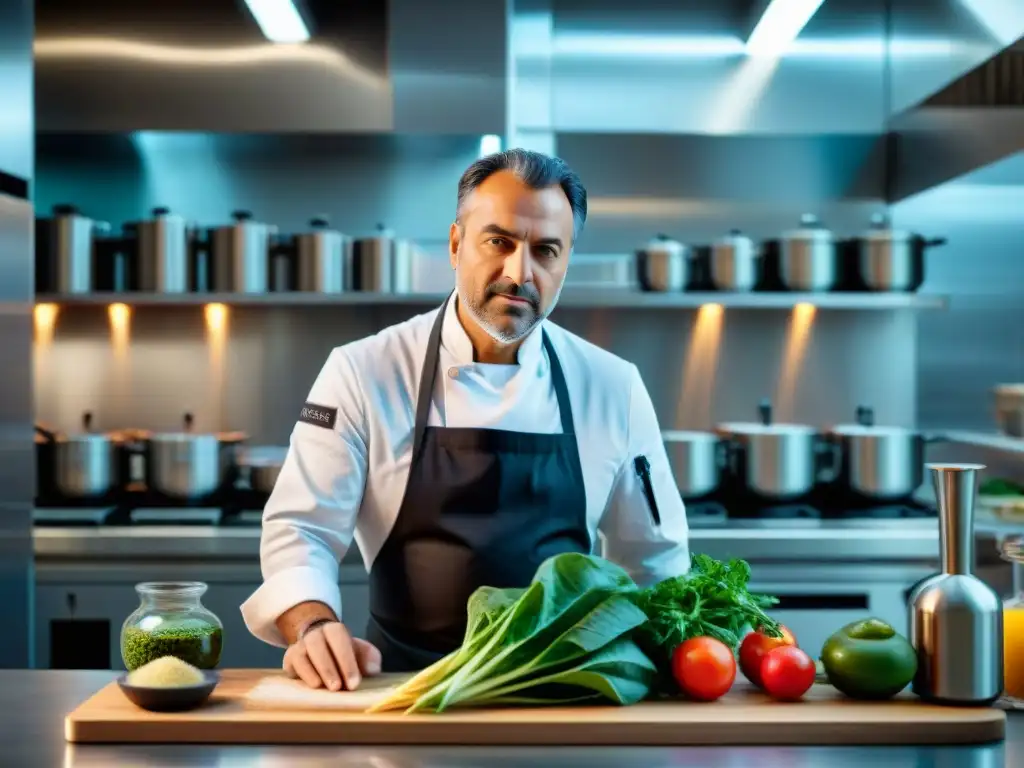 Un chef italiano en laboratorio culinario innovador, realizando experimentos gastronómicos