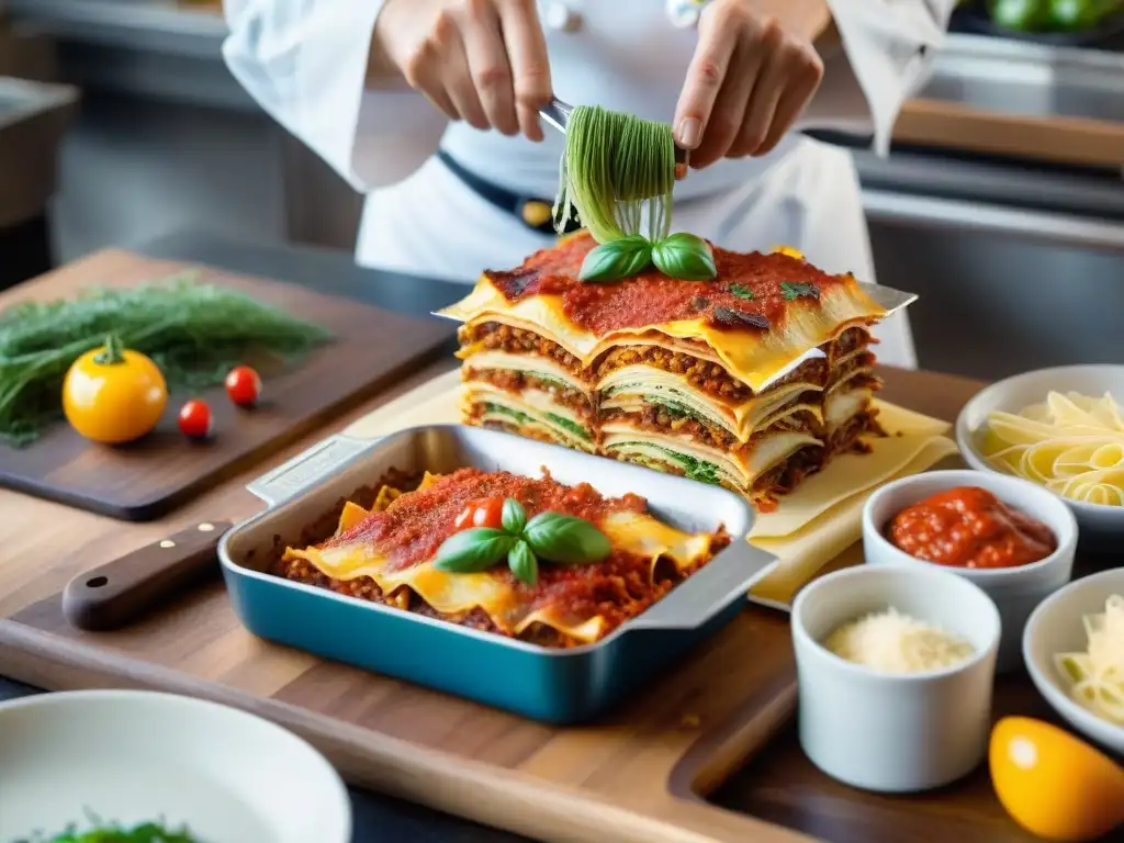 Chef italiano creando una lasaña de verduras en restaurante con soluciones creativas restaurantes italianos