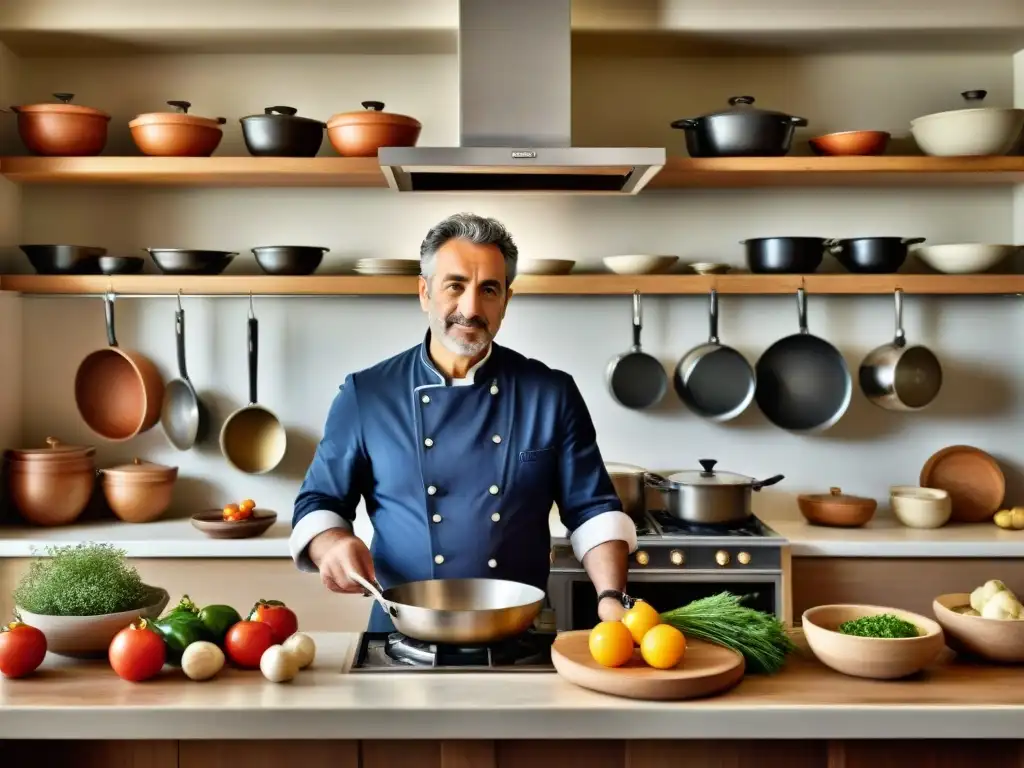 Un chef italiano examina un libro de recetas clásicas, rodeado de libros de cocina italiana reconocidos en una cocina tradicional y acogedora