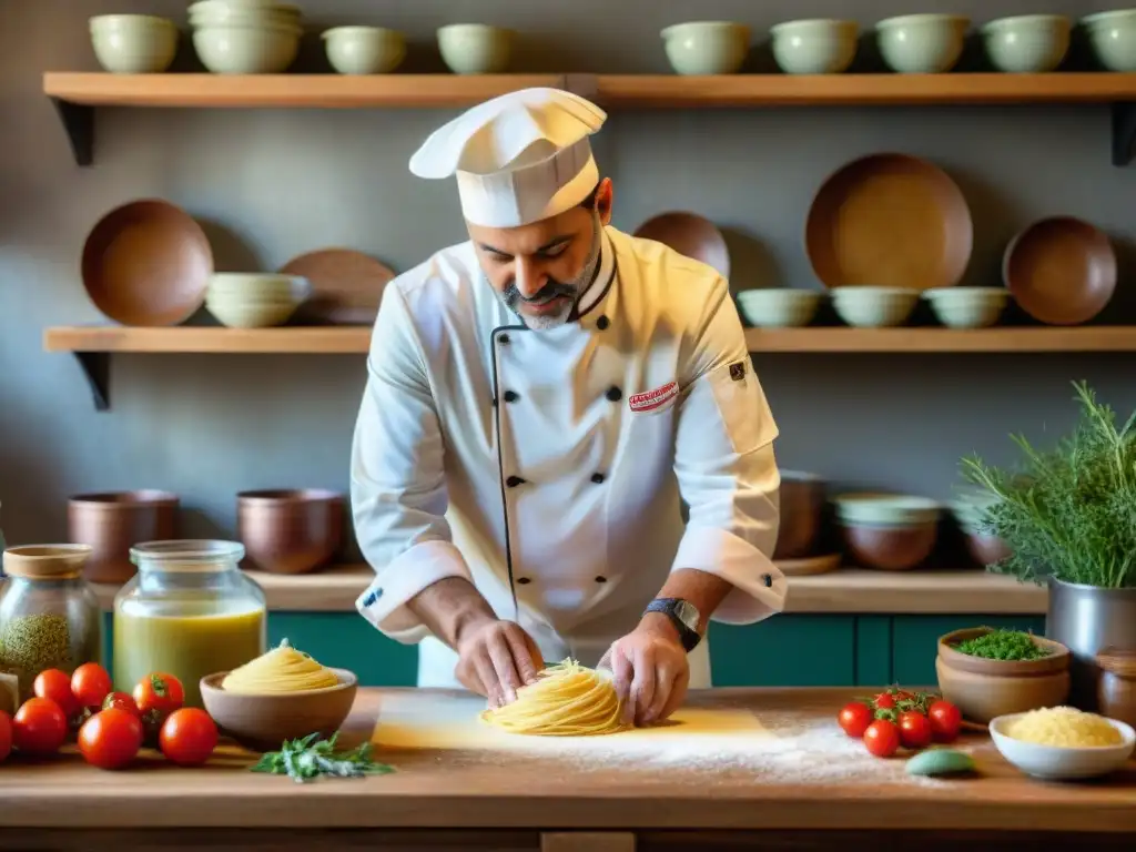 Un chef italiano con libros de recetas, preparando pasta casera en una cocina toscana