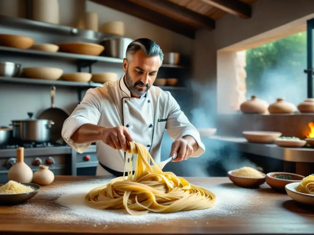 Chef italiano haciendo malabares con pasta fresca en vivo en una cocina italiana, con harina en el aire