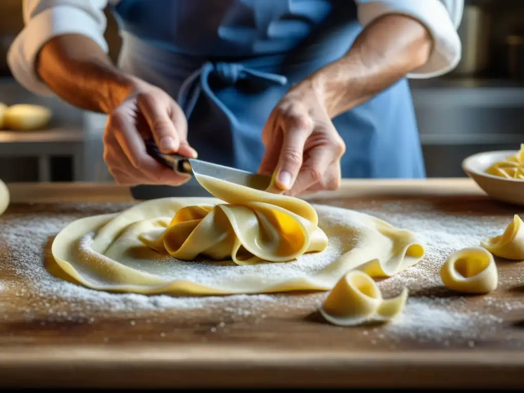 Chef italiano enrolla a mano tortellini con ingredientes auténticos en cocina rústica