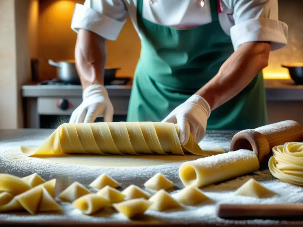 Maestro italiano crea pasta artesanal con destreza Un chef italiano hábil enrolla a mano la masa de pasta, mostrando la innovación en la cocina italiana con tradición y maestría culinaria