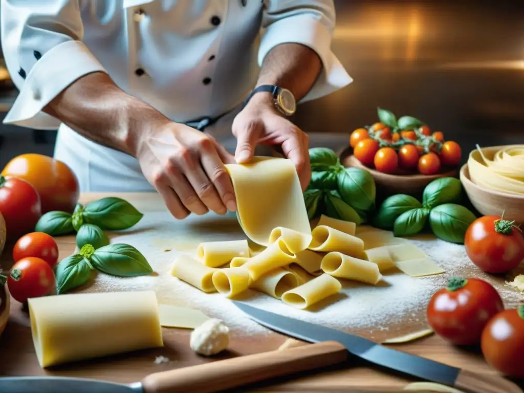 Un chef italiano hábil enrollando a mano masa fresca de pasta, rodeado de ingredientes tradicionales