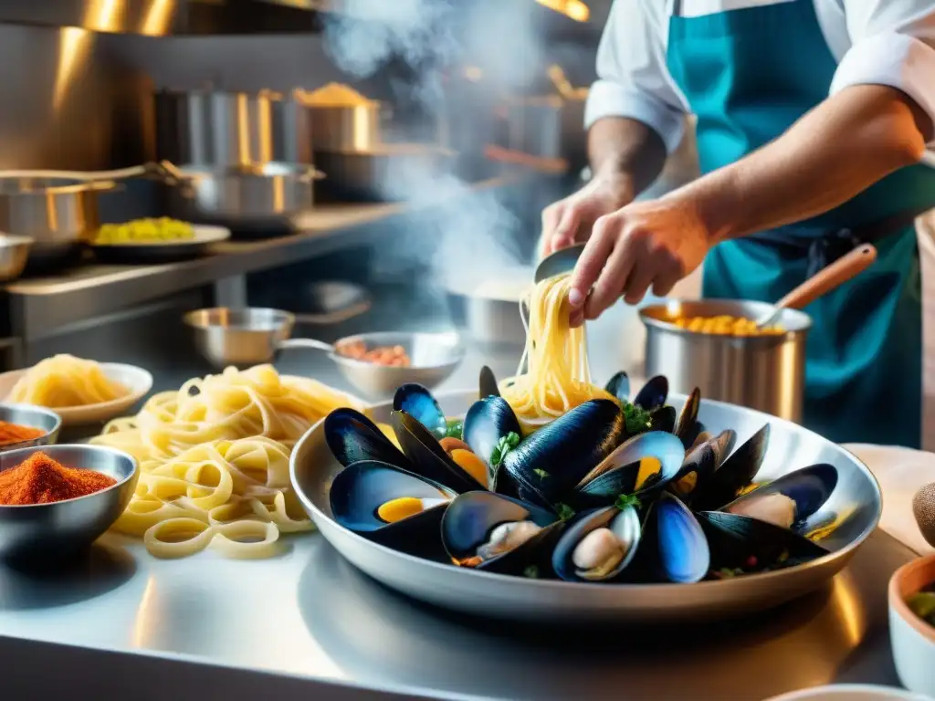 Un chef italiano preparando mariscos en una cocina bulliciosa