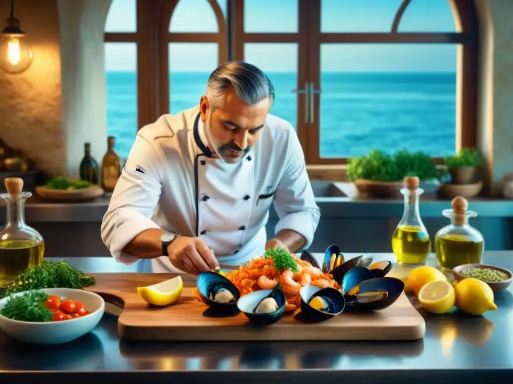 Un chef italiano preparando mariscos frescos en una cocina junto al mar, en una escena llena de detalle y pasión culinaria