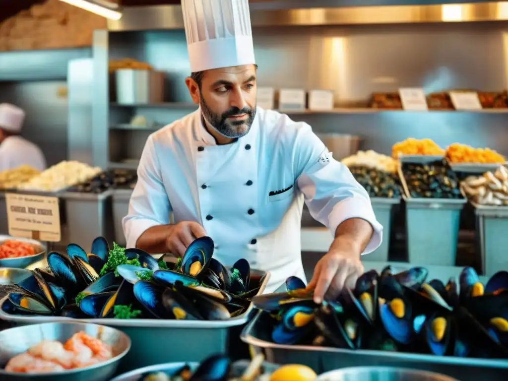 Un chef italiano seleccionando mariscos frescos en un bullicioso mercado, mostrando la esencia de la cocina italiana y los secretos de los chefs