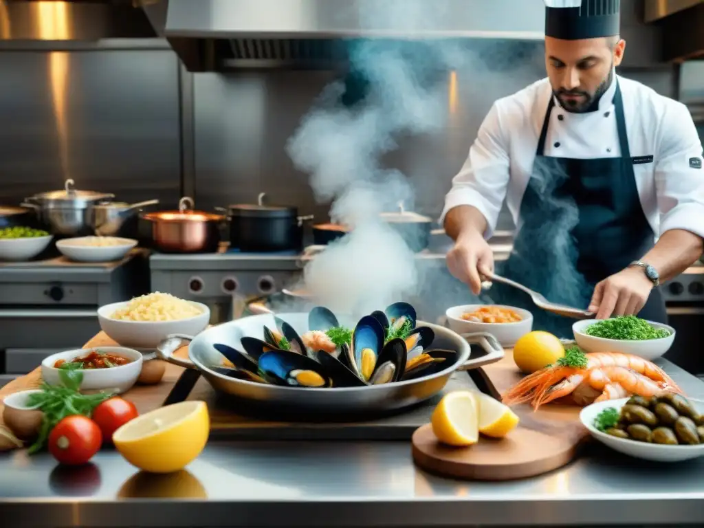 Chef italiano preparando mariscos con secretos de la cocina italiana