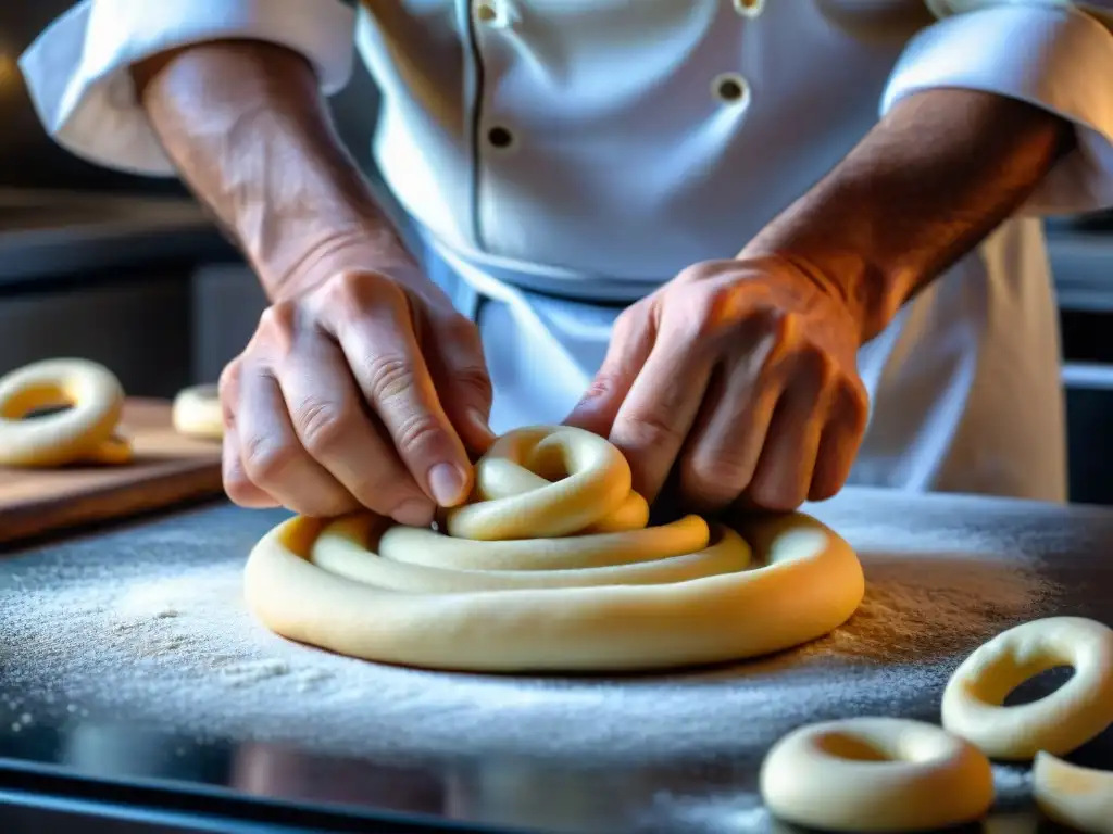 Un chef italiano hábil moldea la masa de Taralli en círculos perfectos, destacando la técnica y arte detrás de la receta taralli crujientes italianos