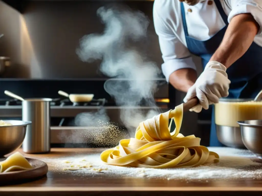 Un chef italiano hábilmente hilando masa fresca en el aire, rodeado de harina y concentración en una cocina bulliciosa