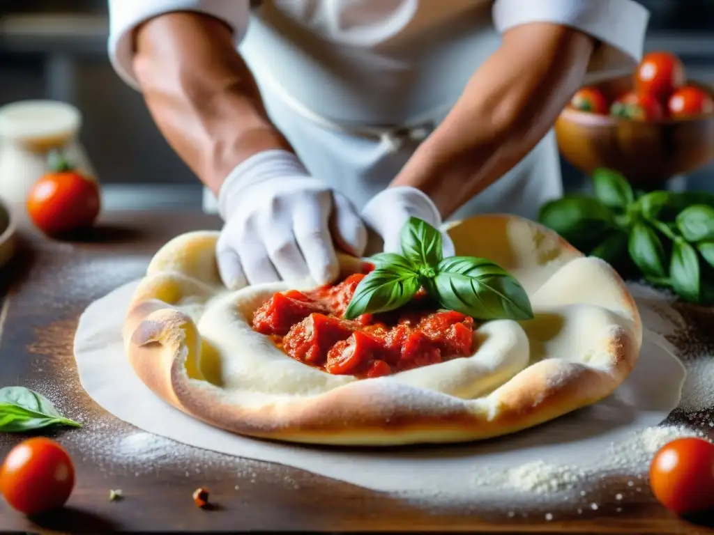 Chef italiano estirando masa para pizza con destreza, en proceso de fermentación en la cocina italiana