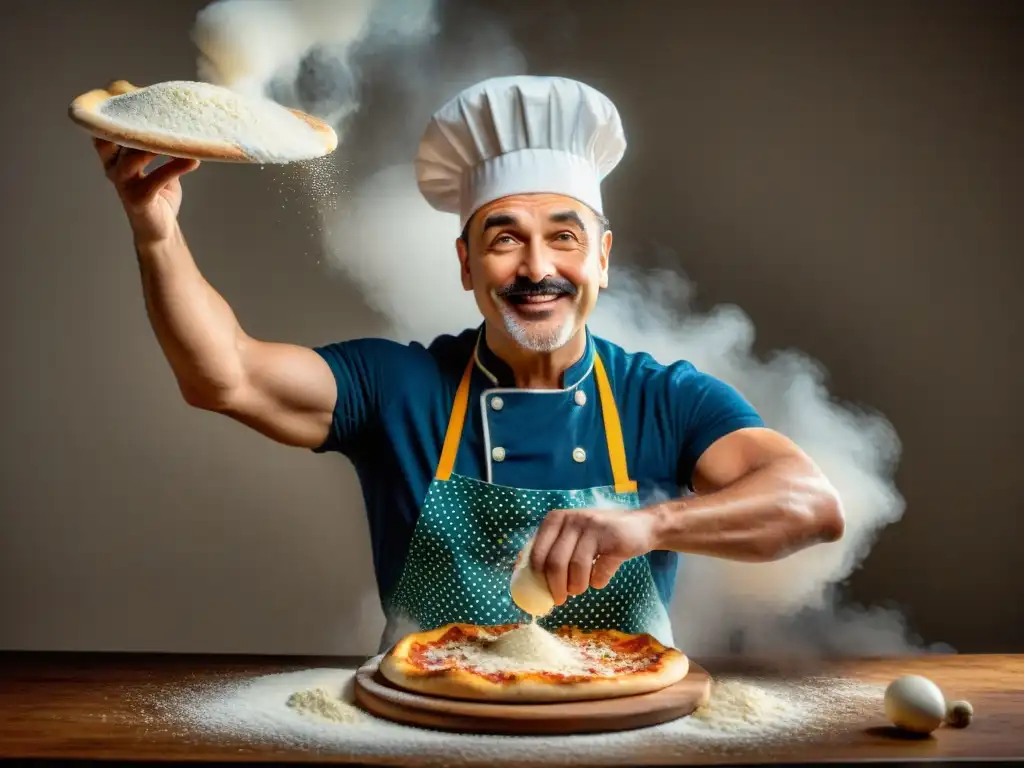 Chef italiano hábilmente lanzando masa de pizza al aire, con harina suspendida, demostrando métodos innovadores para pizzas italianas