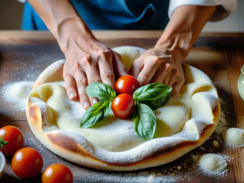 Chef italiano moldeando masa de pizza con equilibrio perfecto, ingredientes frescos cerca