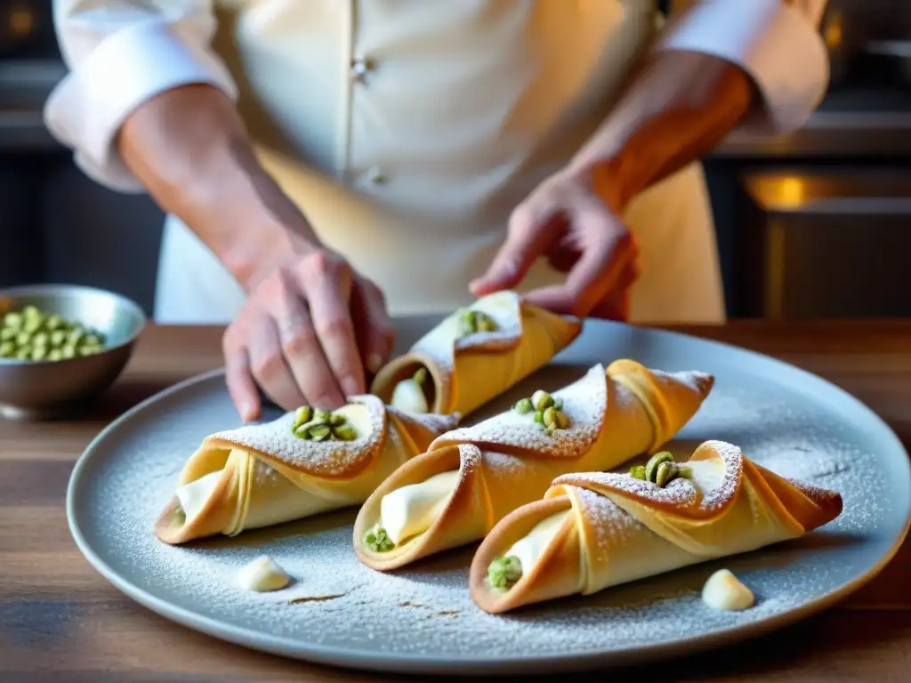 Chef italiano preparando cannoli sin gluten con mascarpone: postres italianos sin gluten saludables