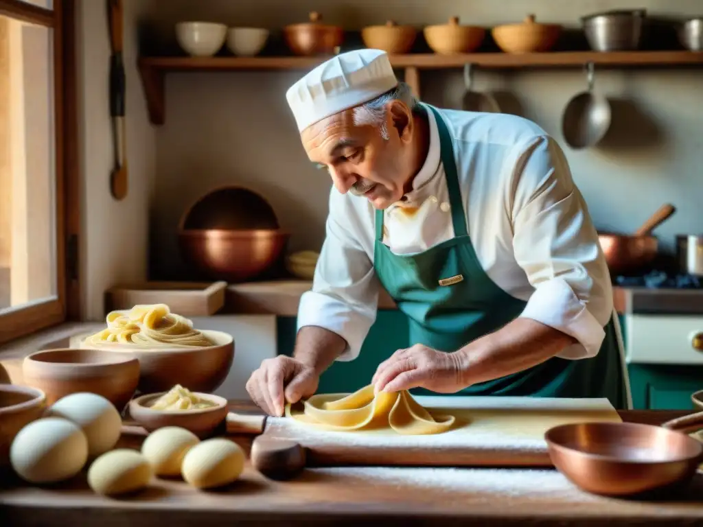 Chef italiano mayor moldeando pasta a mano en cocina rústica con utensilios tradicionales