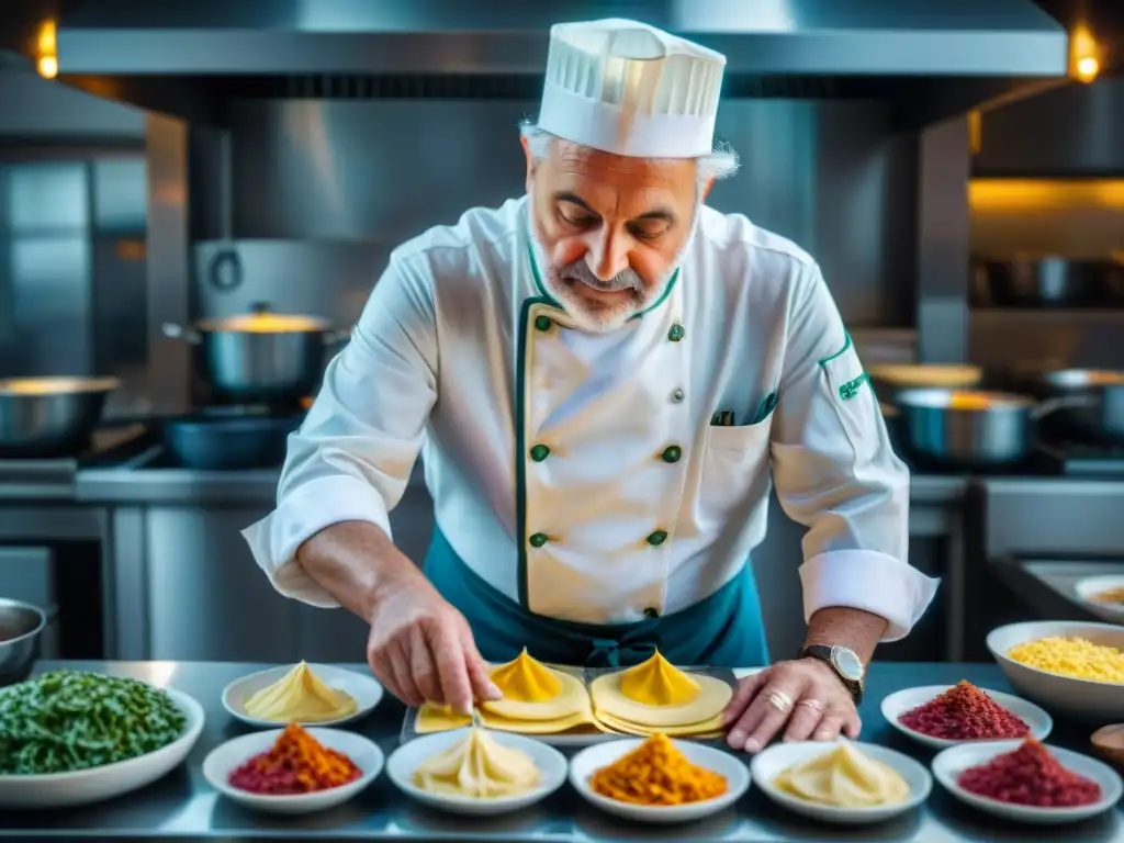 Un chef italiano mayor moldea raviolis coloridos mientras chefs de diversas culturas intercambian técnicas y experiencias en una cocina bulliciosa