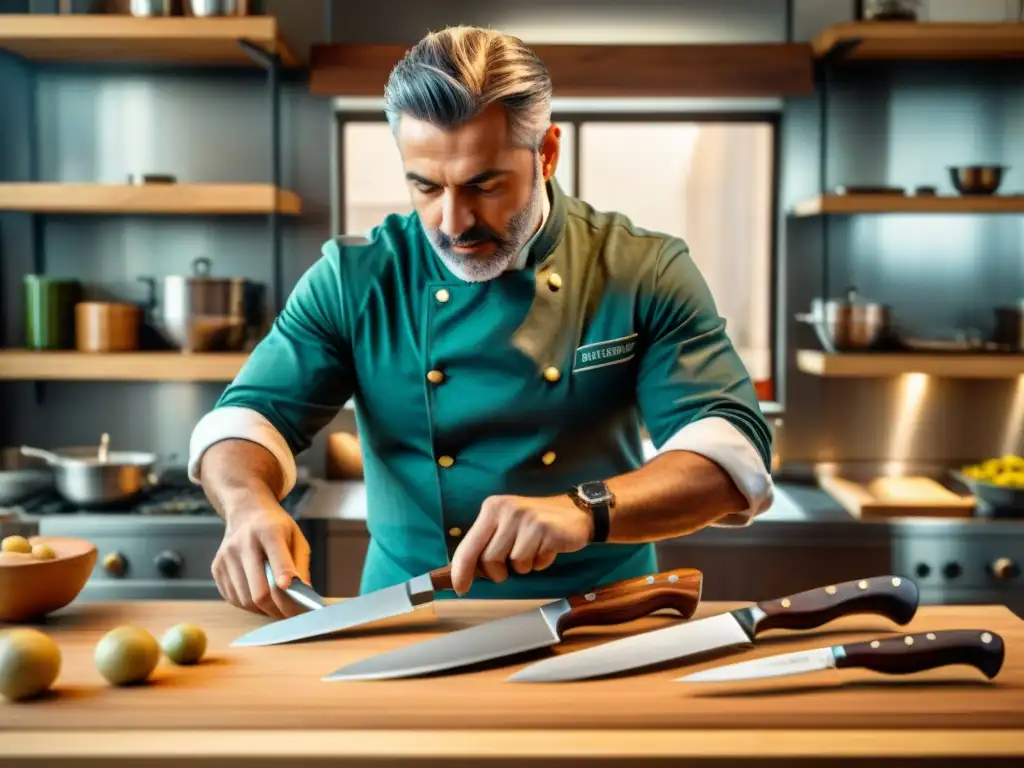 Un chef italiano selecciona los mejores cuchillos de cocina en una mesa de madera iluminada, reflejando la tradición culinaria italiana