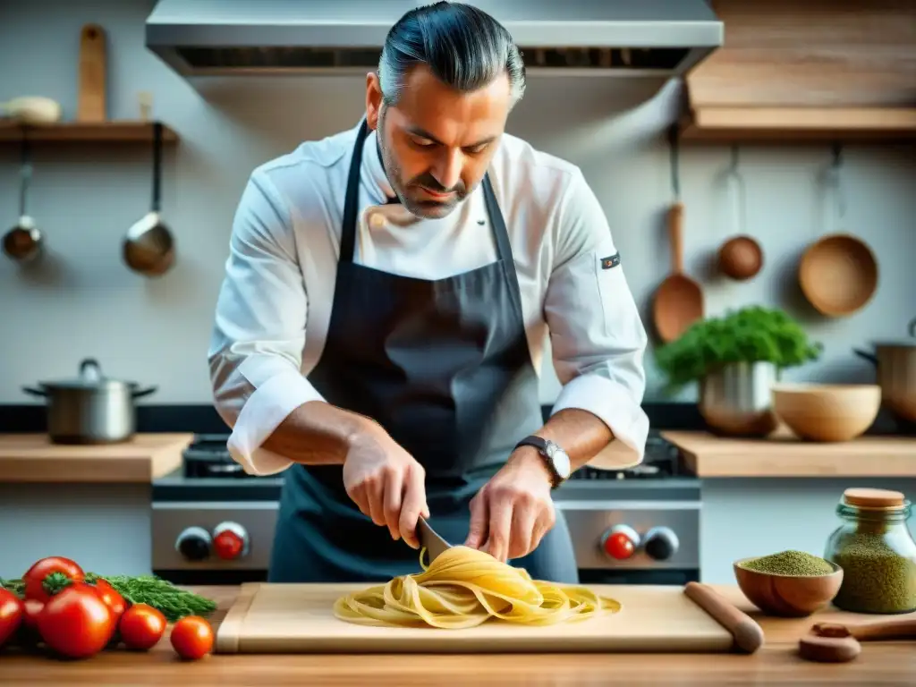 Un chef italiano moderno y experto elaborando pasta en una cocina contemporánea, fusionando técnicas modernas con raíces culinarias antiguas