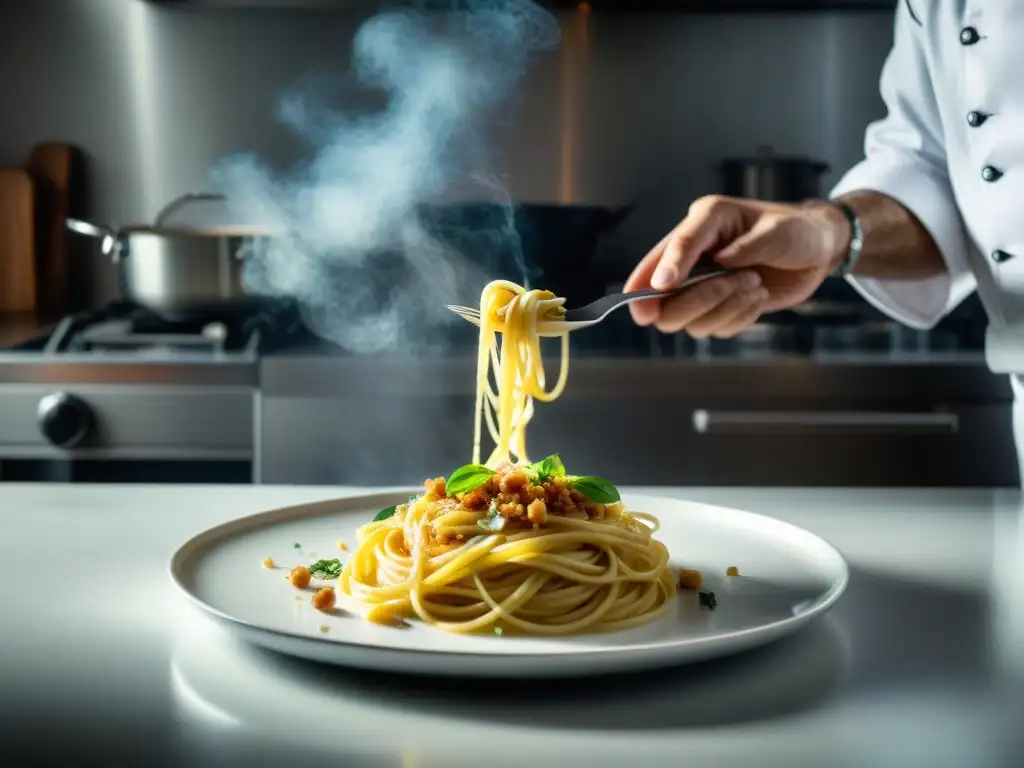 Un chef italiano moderno y meticuloso preparando una innovadora reinterpretación de la clásica 'Spaghetti Carbonara' con técnicas culinarias avanzadas