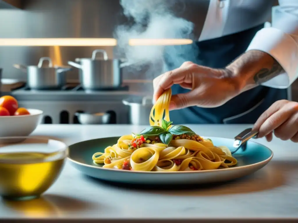 Un chef italiano moderno crea con pasión un plato de pasta, fusionando técnicas culinarias avanzadas en una cocina innovadora