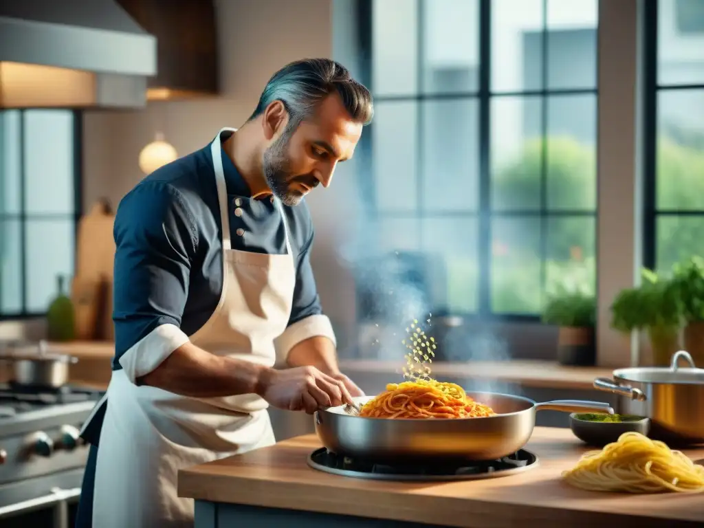 Un chef italiano moderno elaborando pasta en una cocina innovadora, fusionando tradición y técnica culinaria