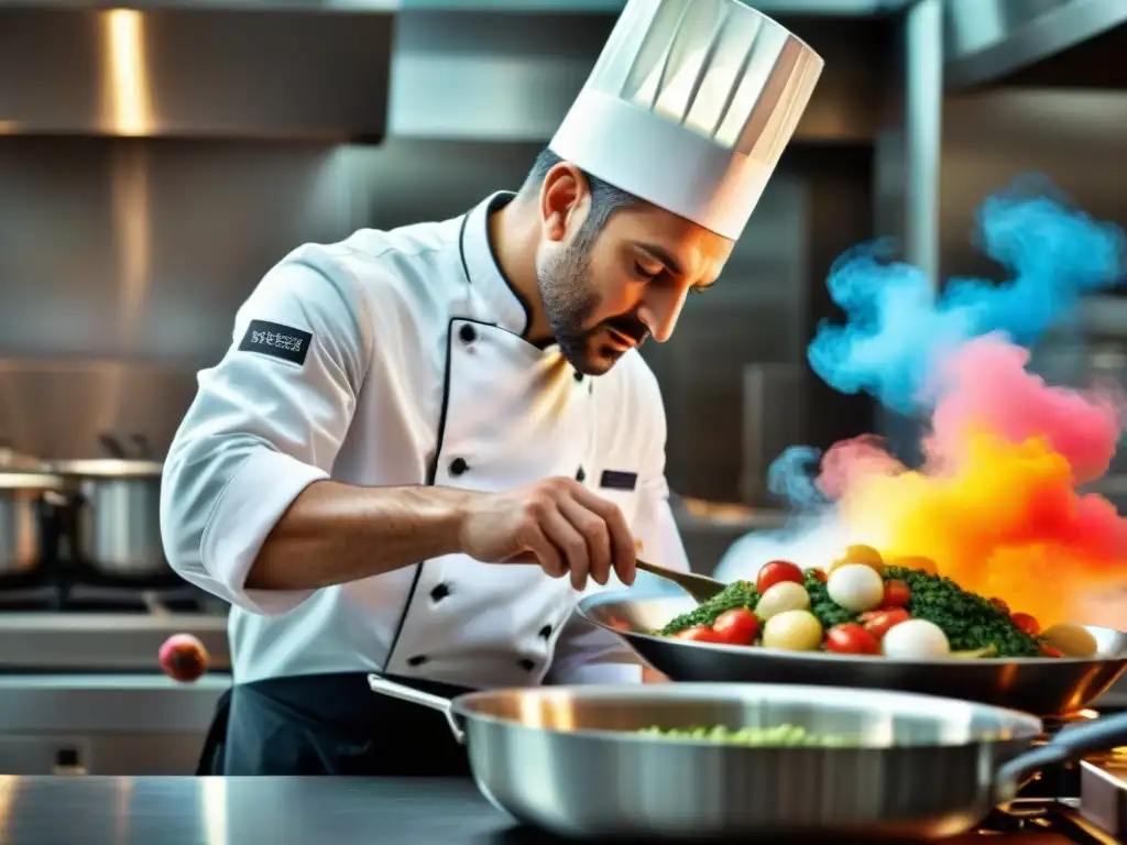 Un chef italiano moderno preparando platos tradicionales en una cocina de alta tecnología