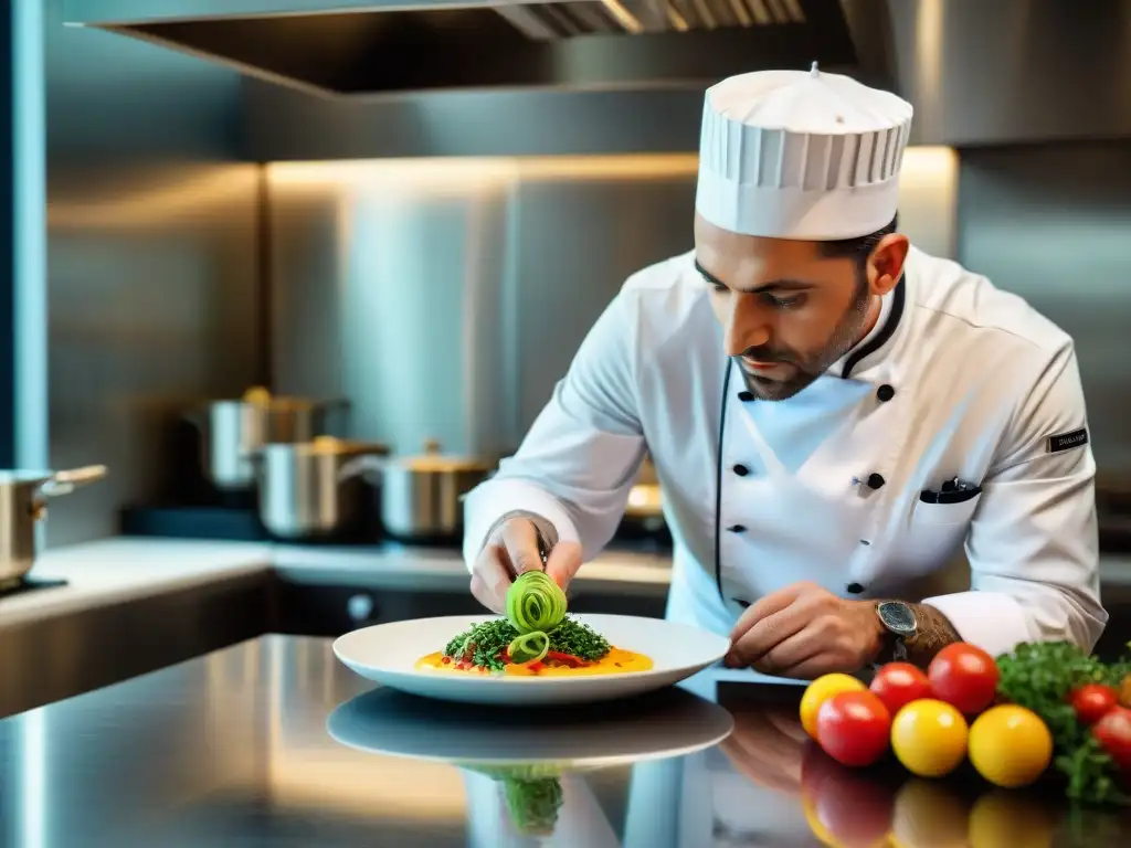 Un chef italiano crea una obra gourmet en una cocina lujosa y moderna