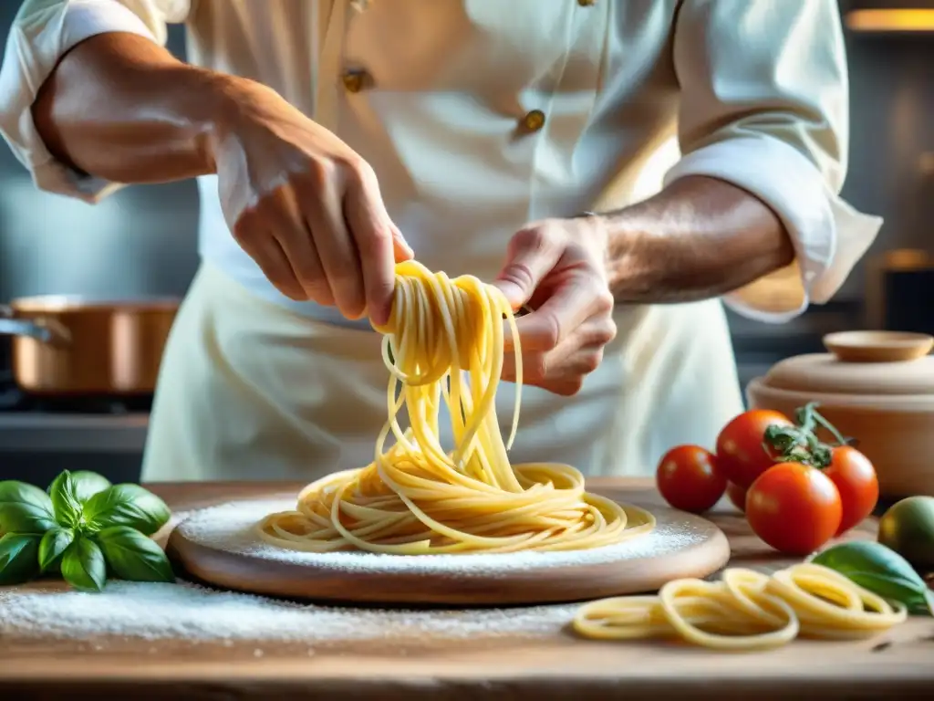 Un chef italiano prepara una obra maestra culinaria en una cocina rústica, rodeado de ingredientes frescos