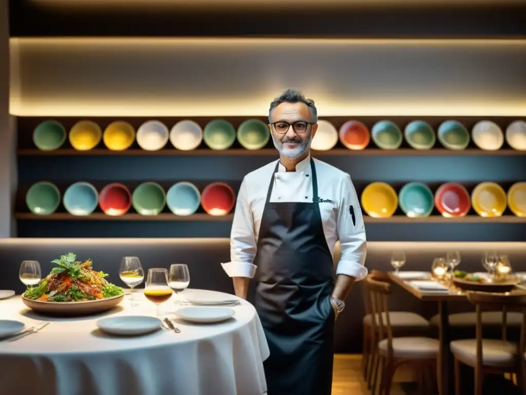 Chef italiano Massimo Bottura en Osteria Francescana, mostrando una receta a comensales fascinados