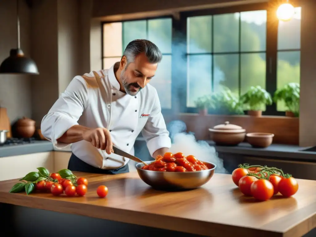 Un chef italiano crea con pasión una ensalada Caprese colorida, en una cocina tradicional llena de vida y equilibrio sabor salud cocina italiana