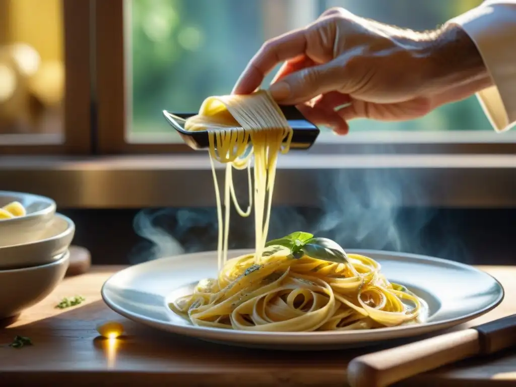 Un chef italiano sazona pasta con aceite de oliva y queso ParmigianoReggiano, ideal para maridajes vino comida italiana festivales