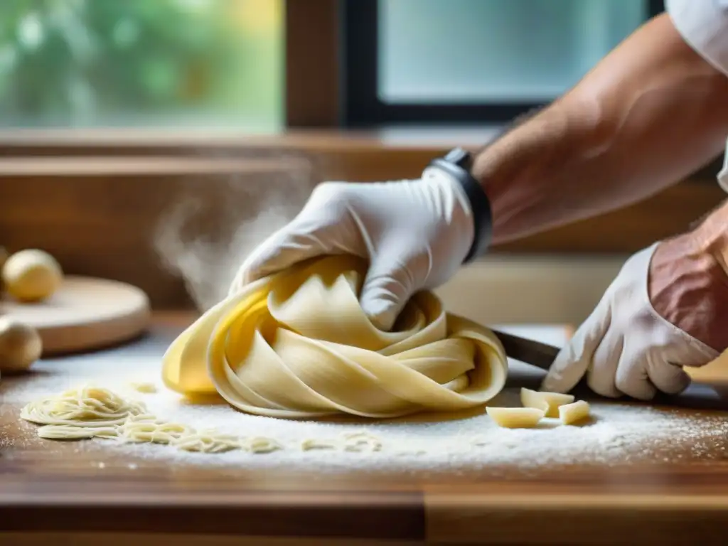 Chef italiano hábil preparando pasta casera en una cocina tradicional con diseño vintage, bajo cálida luz natural, mientras flota harina en el aire